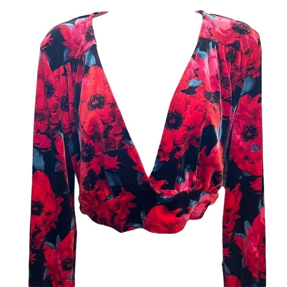 Bar III Velvet Floral Crop Top Red & Black, V-Neck, Long Sleeve, Women’s Size S